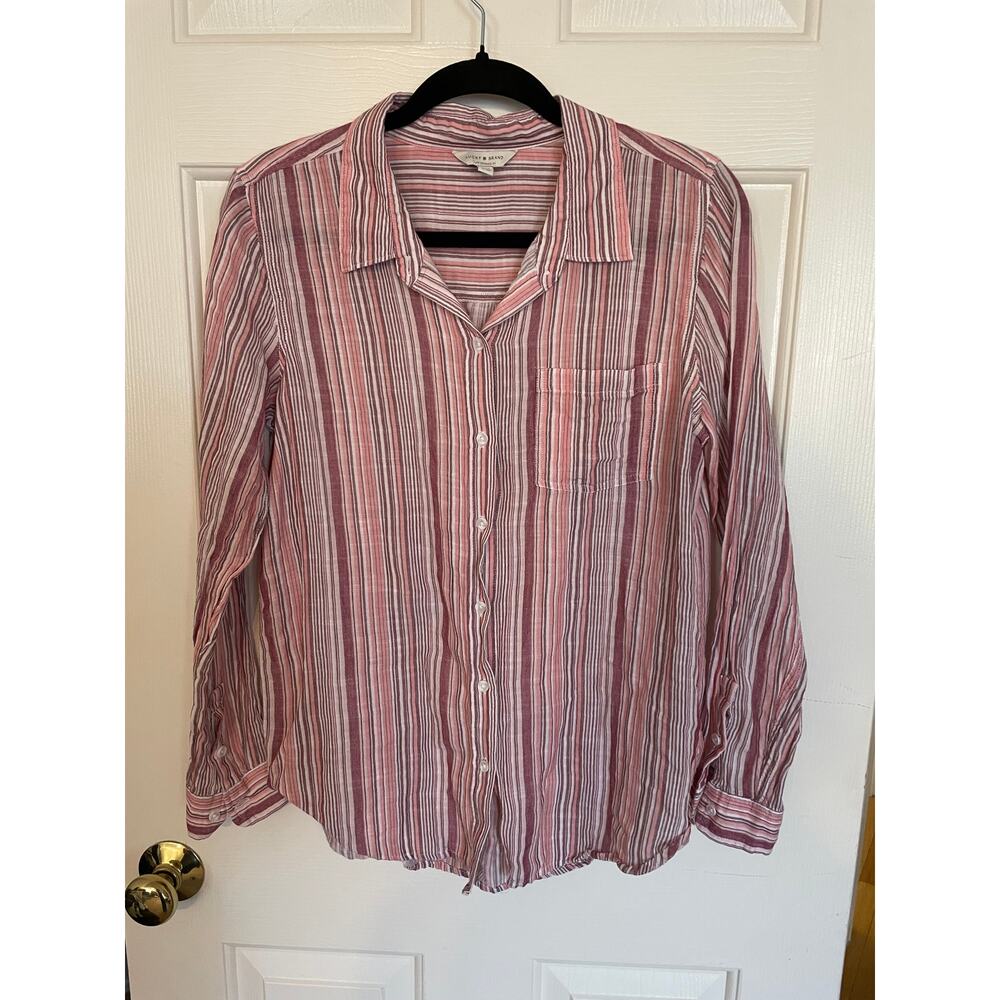 Lucky Brand Women's Medium Button Up Shirt Polo Long Sleeve Pink White Stripes